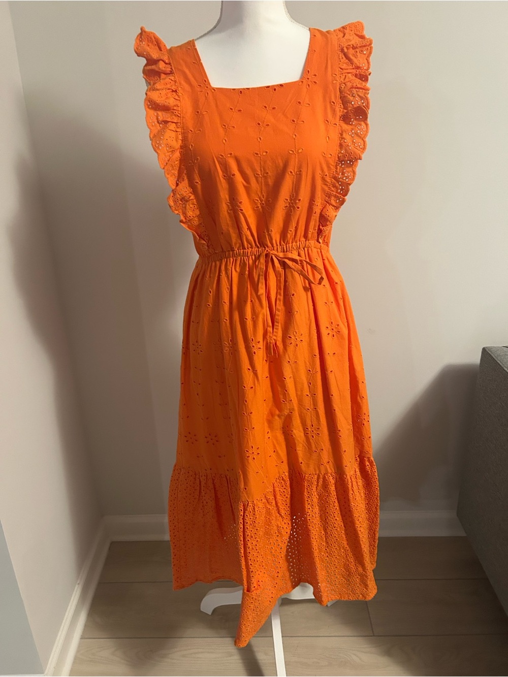 Women’s Orange Eyelet Ruffle Midi Dress